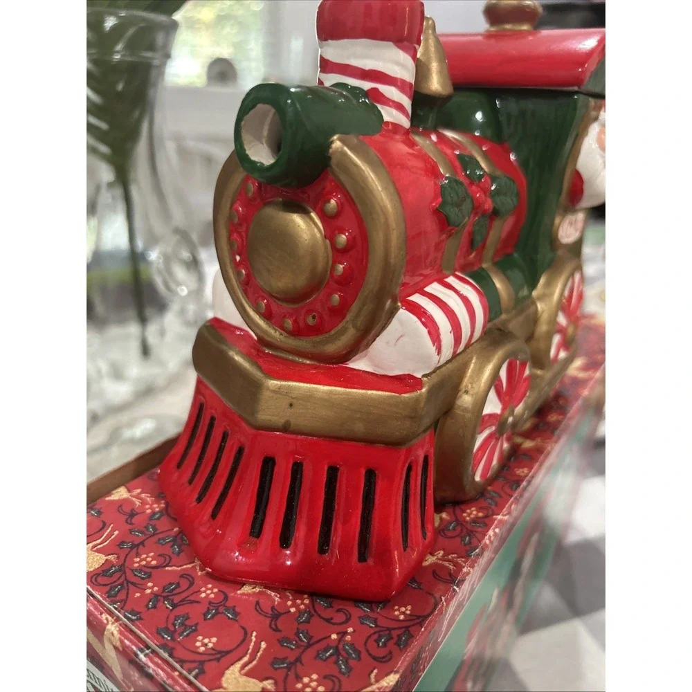 Vintage‎ Peppermint Santa Train Teapot In Box 1994 Hermitage Pottery WITH LID